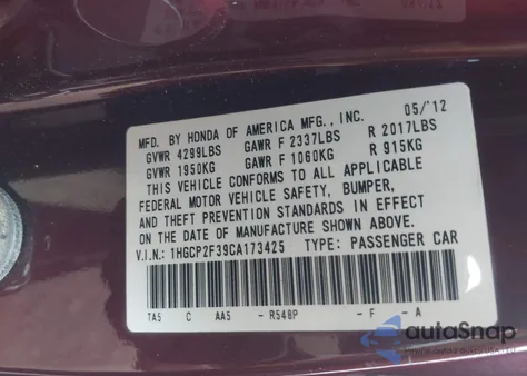 2012 Honda Accord 2.4 Lx z USA, uszkodzony, nr VIN 1HGCP2F39CA173425